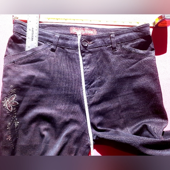 Embellished wide leg pleated jeans w/ leather pockets - Picture 4 of 13